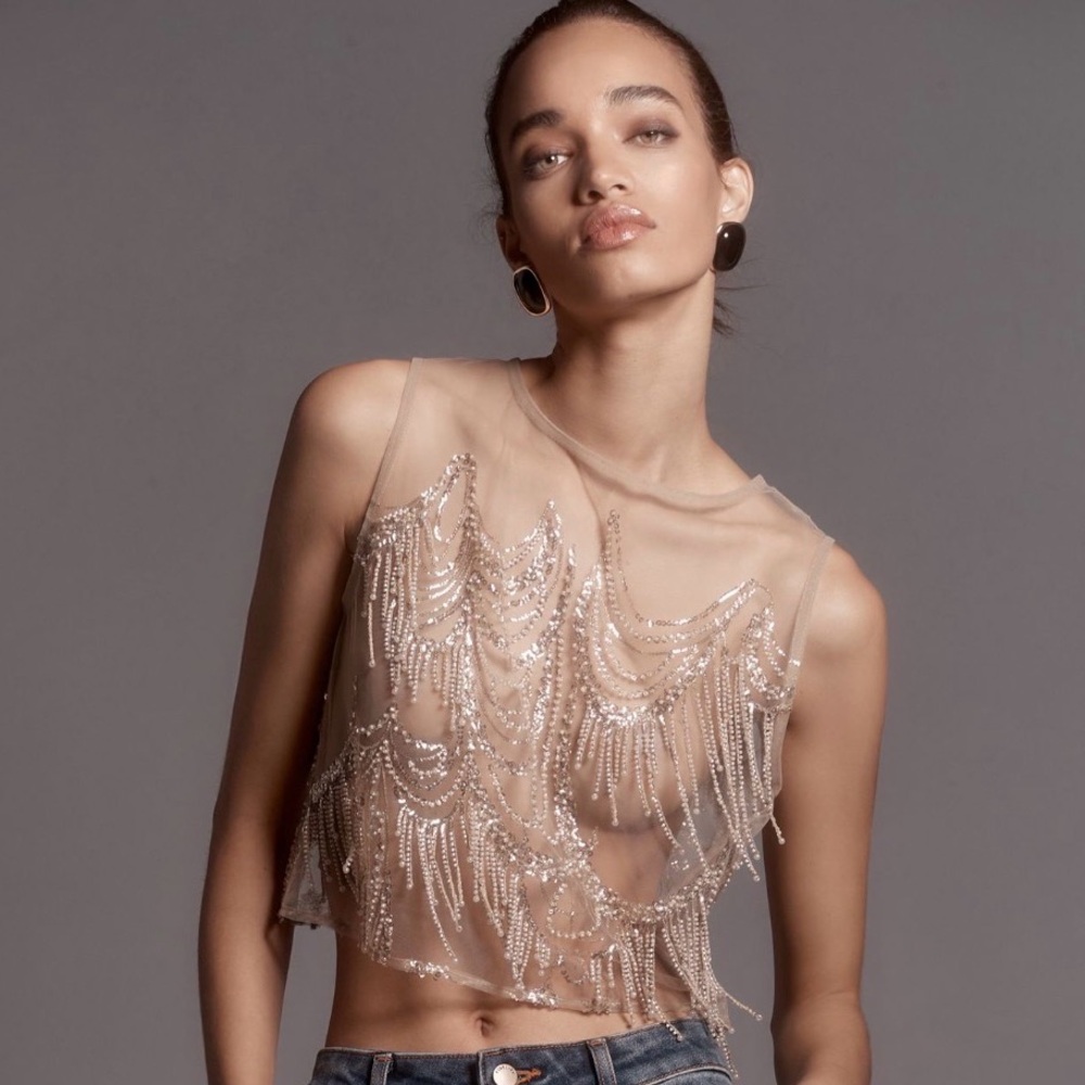 Eva Franco Sheer Embellished Crop Top in Tan